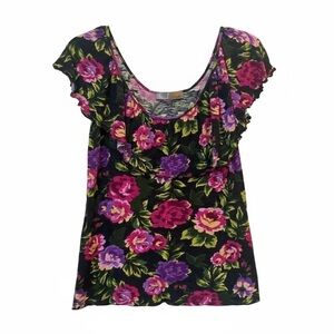 Vintage Lush Floral Cold Shoulder Blouse Large Y2K